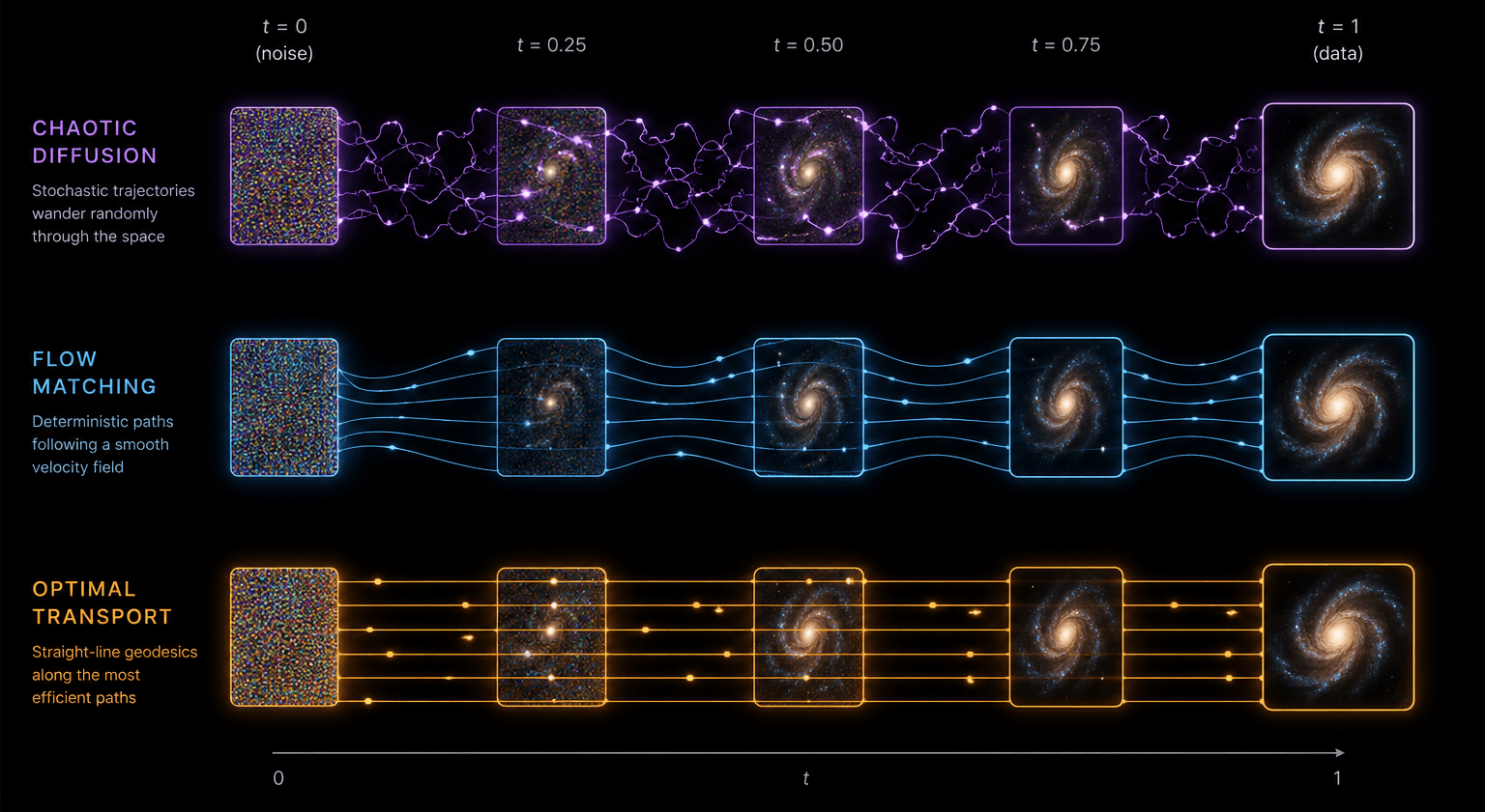 Diffusion vs Flow Matching vs Optimal Transport